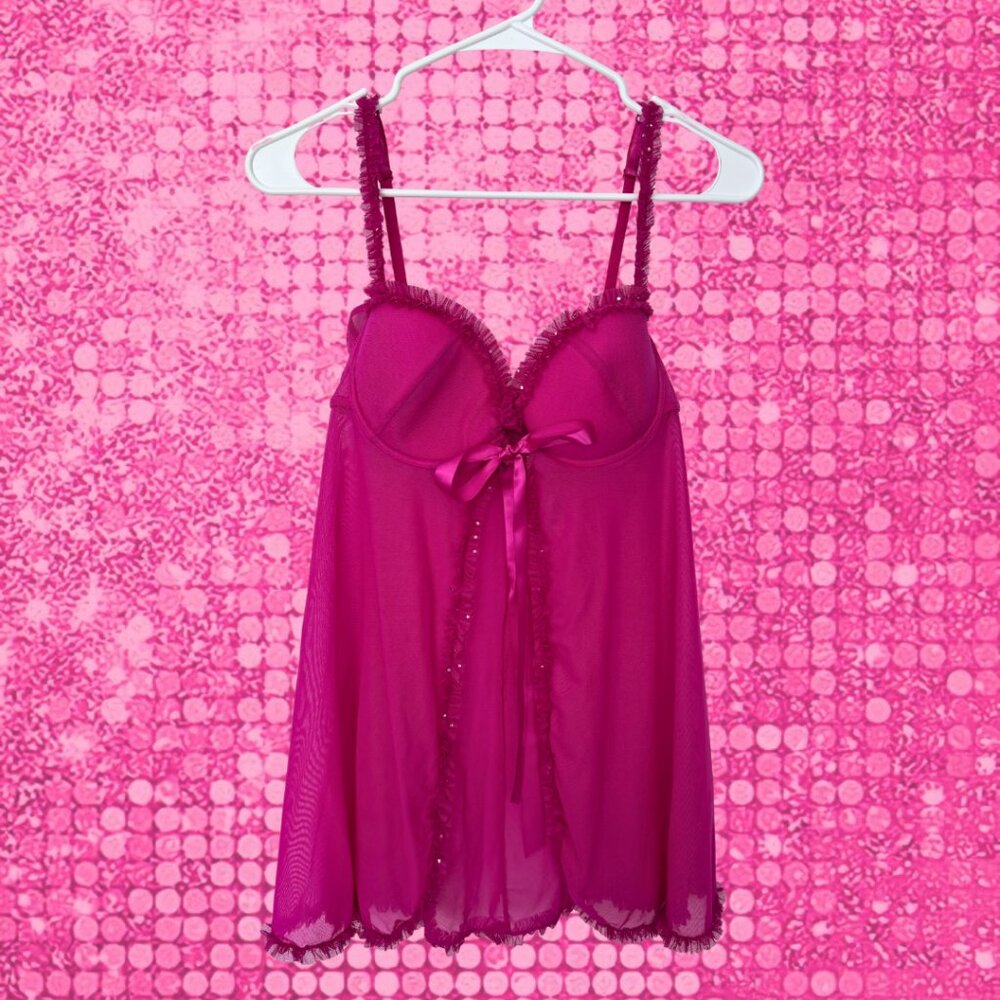 Vintage La Senza Pink Sheer Babydoll Top Silk Bow Sparkle Ruffle Lingerie Large